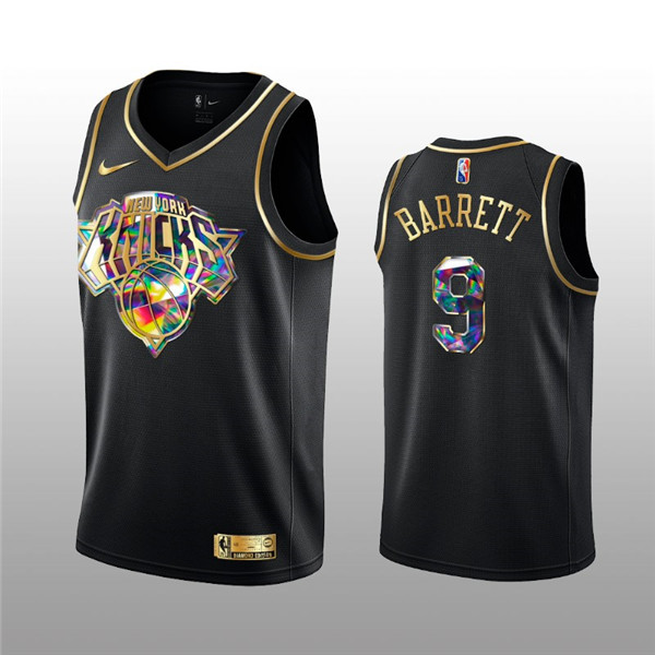 Men's New Yok Knicks #9 RJ Barrett 2021/22 Black Golden Edition 75th Anniversary Diamond Logo Stitched Basketball Jersey Men's New Yok Knicks #9 RJ Barrett 2021/22 Black Golden Edition 75th Anniversary Diamond Logo Stitched Basketball Jersey